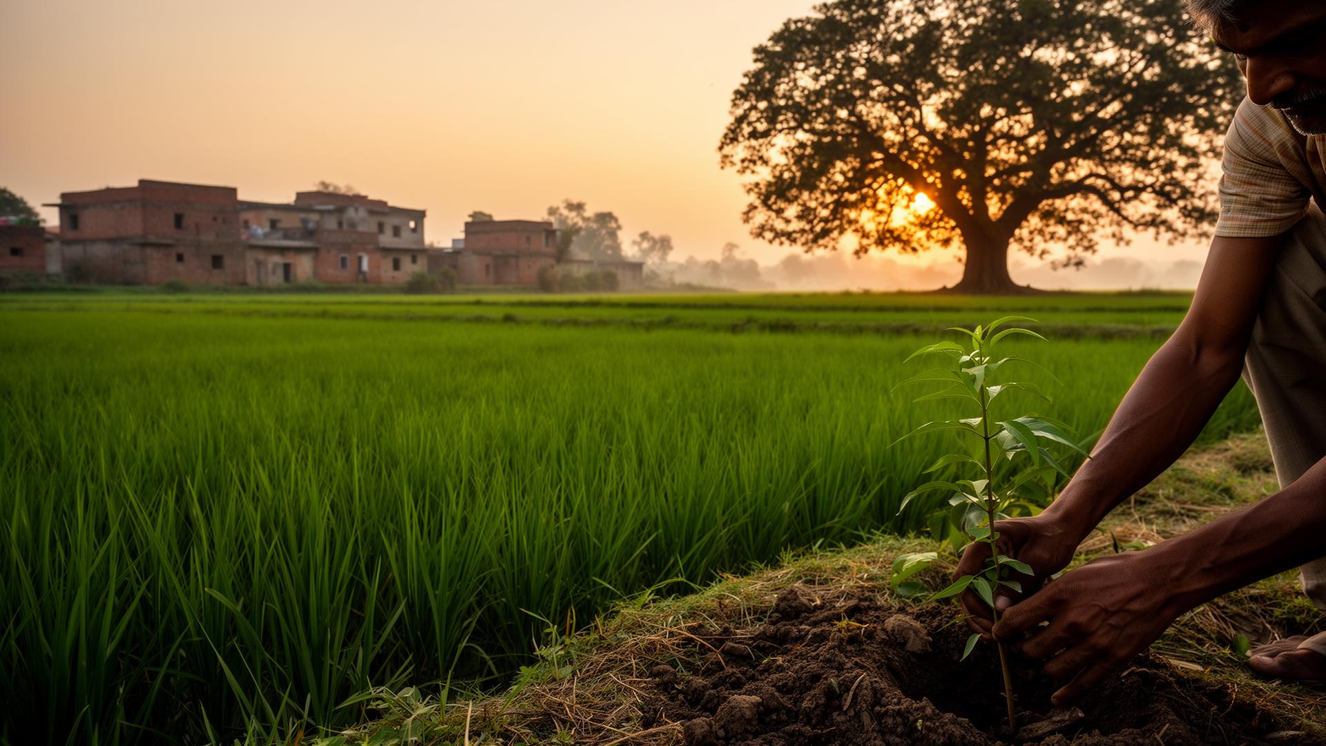 Farmer planting a sapling in a Bihar paddy field at sunrise